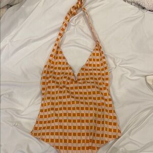 Free People Peach and Cream Checkered Bodysuit